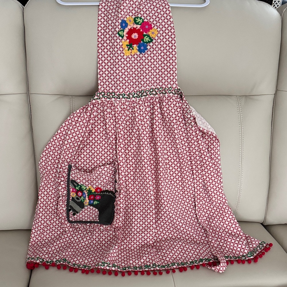 Karma Living Red Apron with Embroidered Bib and Pocket Pom-Pom Trim